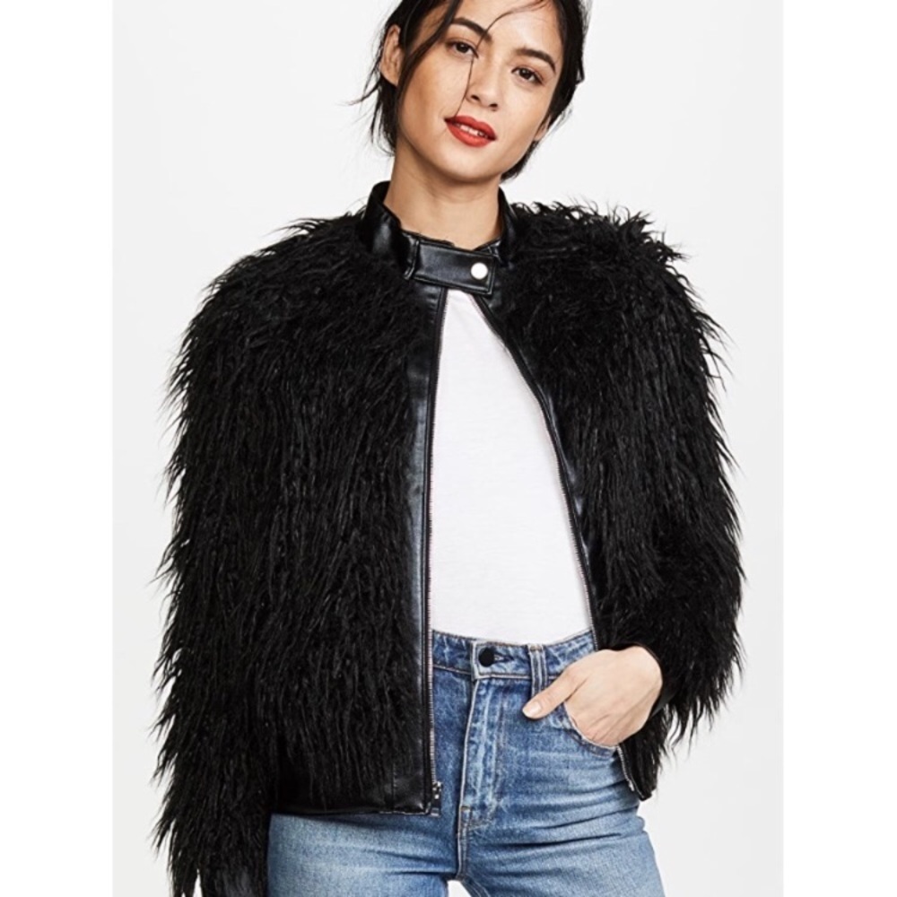 Theory Mongolia Fur Coat Jacket Leather Zip Sleeve